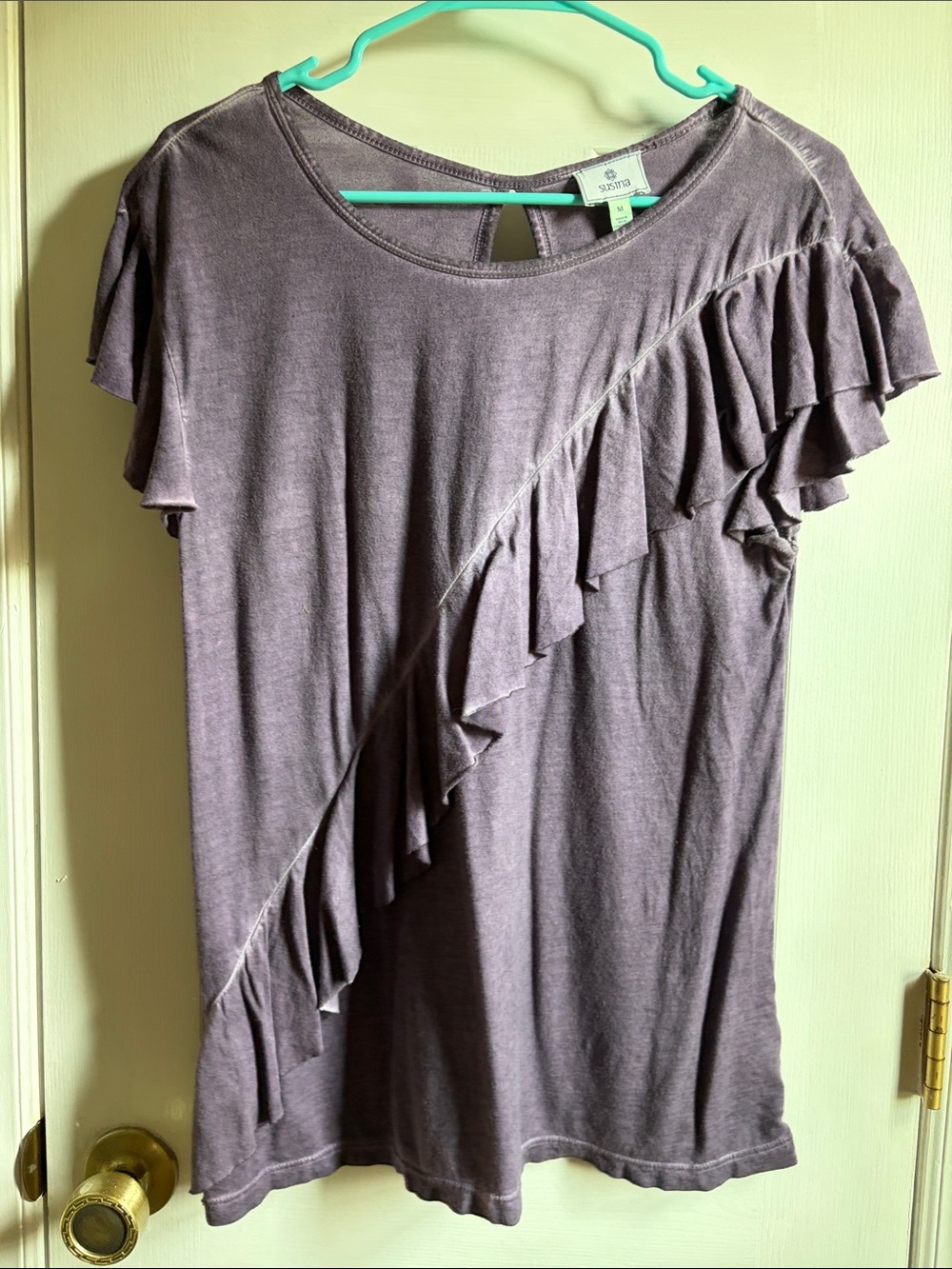 Susina Purple Diagonal Ruffle Short Sleeve Ruffle Sleeve Tee